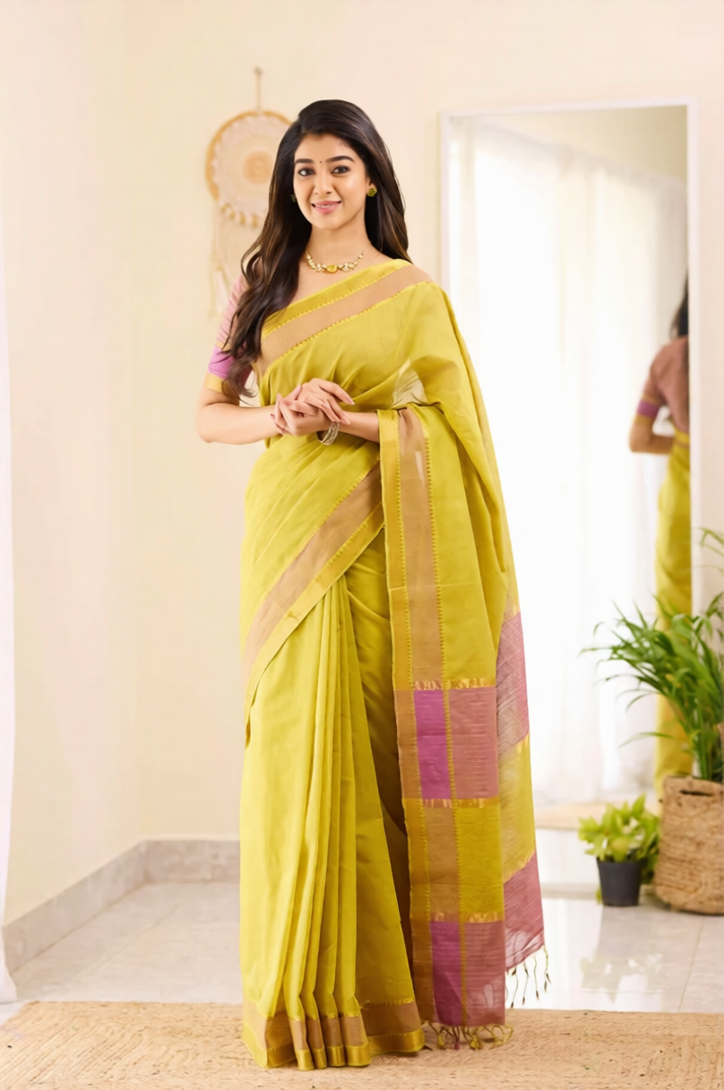 Fusion Olive Green Mangalagiri Cotton Saree
